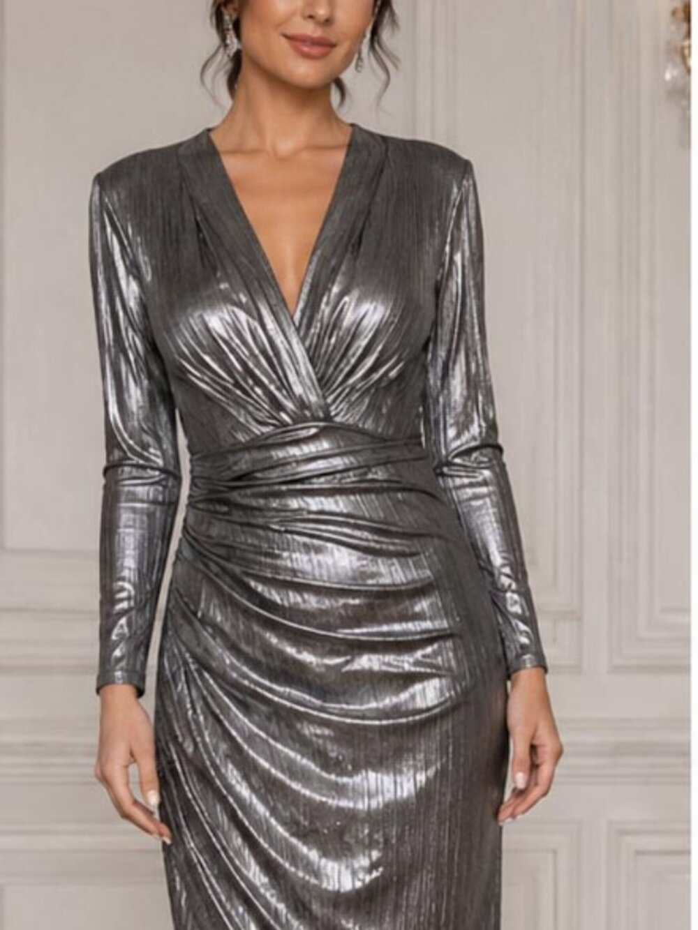 Elegant Silver Ruched Dress with Front Slit